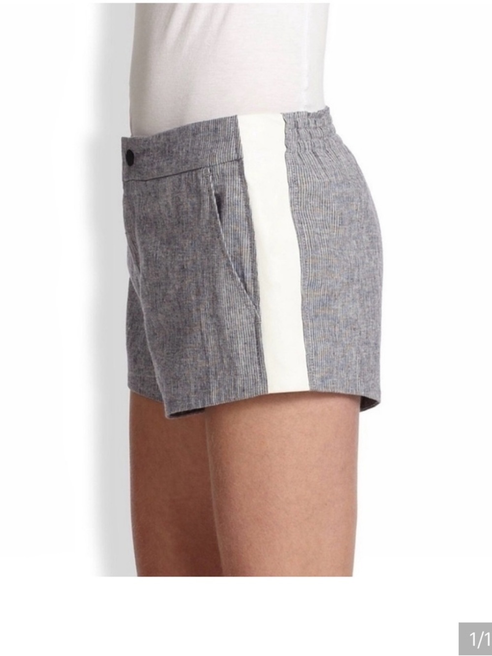 rag & bone Linen Blue Pinstripe Shorts with Leather Strips Down the Sides.